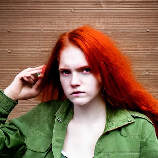 Prompt: portrait of an attractive tomboy girl with long crimson red hair and red eyes wearing a brown open jacket and green jeans with a stern look, album art, boards of canada