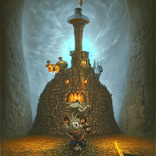 Prompt: Mickey mouse as a dark souls boss by Jacek Yerka