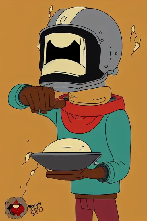 Image similar to mf doom madvilliany making pancakes in style of adventure time, animation pixar style, by pendleton ward, magali villeneuve, artgerm, rob rey and kentaro miura style, golden ratio, trending on art station