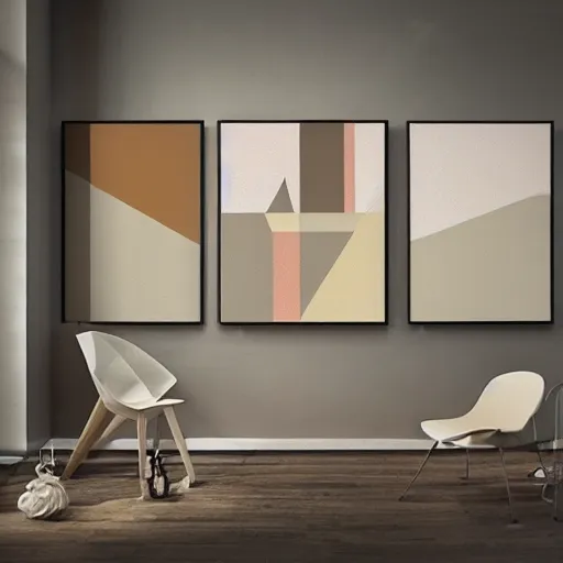 Image similar to A modern abstract painting depicting three women figures in three different rooms doing different poses, pastel modern earthy neutral tones, interesting geometry