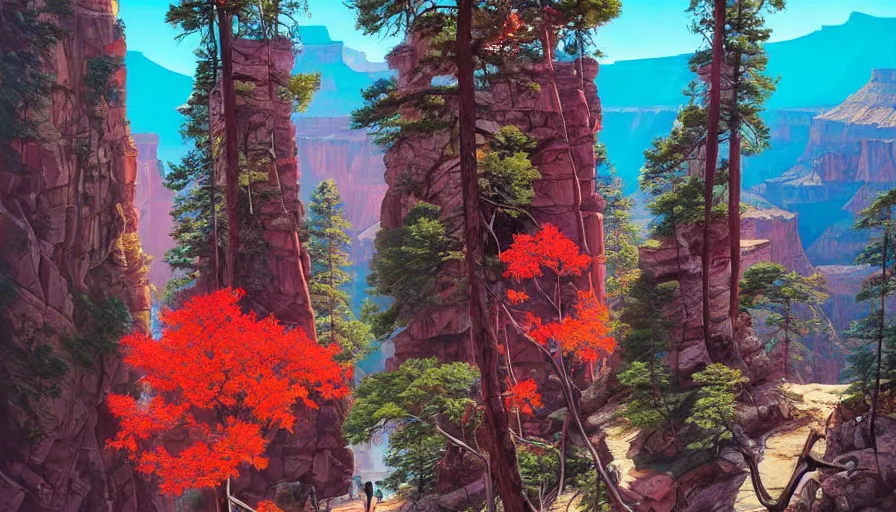 Prompt: single red maple tree growing in grand canyon, stream, tristan eaton, victo ngai, artgerm, rhads, ross draws, highly detailed, masterpiece