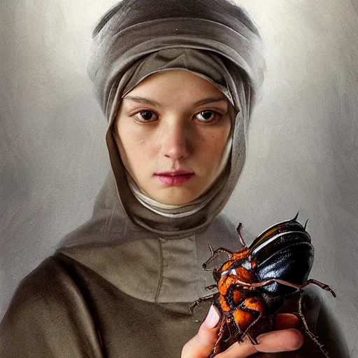 Prompt: A masterpiece portrait of a Incredibly beautiful maid barique renaissance swamp nun girl holding very beautiful big shiny king beetle. hunting on deer with russian greyhound medium shot, intricate, elegant, highly detailed. trending on artstation, digital art, by Stanley Artgerm Lau, WLOP, Rossdraws, James Jean, Andrei Riabovitchev, Marc Simonetti, Yoshitaka Amano. background by James Jean and Gustav Klimt, light by Julie Bell, 4k, porcelain skin.