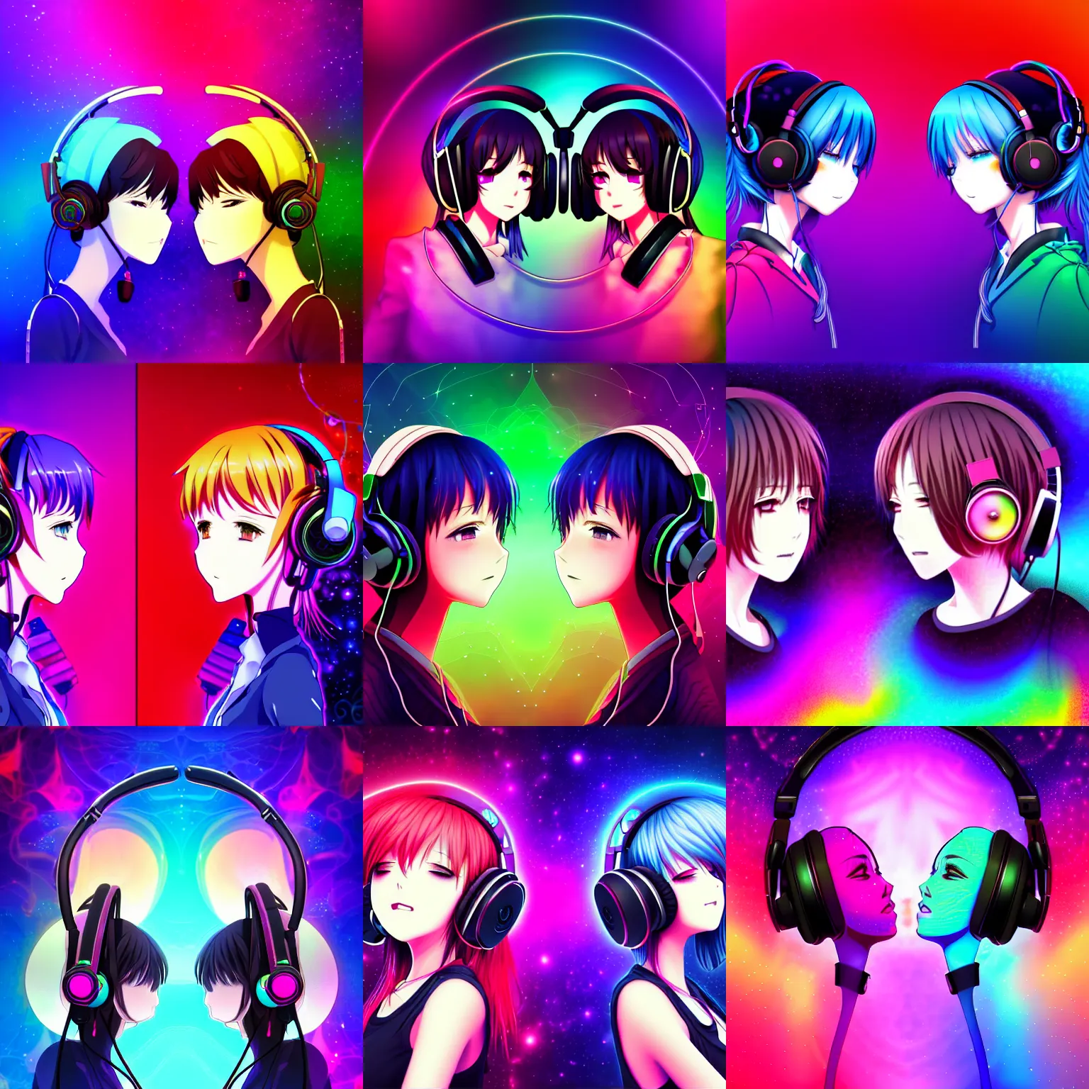 Prompt: two lesbian anime girls wearing headphones, esoteric fractal mandelbrot background, dark and colourful, intricate, in the style of desmond paul henry, opengl, stylized, japanese, artstation, highly detailed, sharp details, amazing composition, 4 k