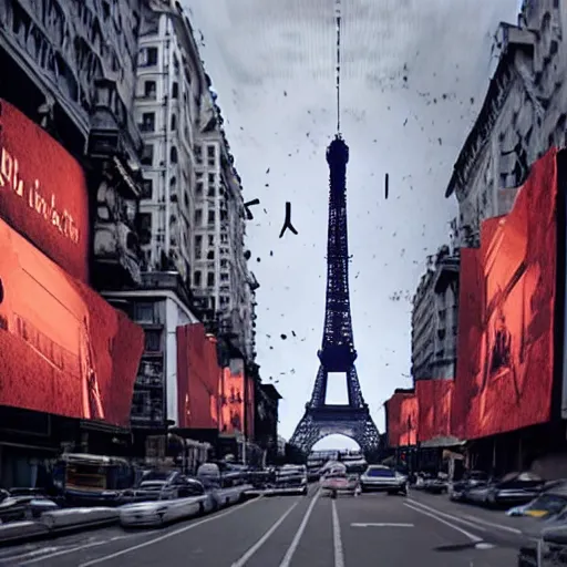 Image similar to A beautiful intricate 8K award-winning cinematic movie photograph of the future Eiffel Tower, devastated and decaying, completely covered in billboards. in the year 2043, by Bruno Delbonnel. Arri Alexa 65, IMAX 70mm footage