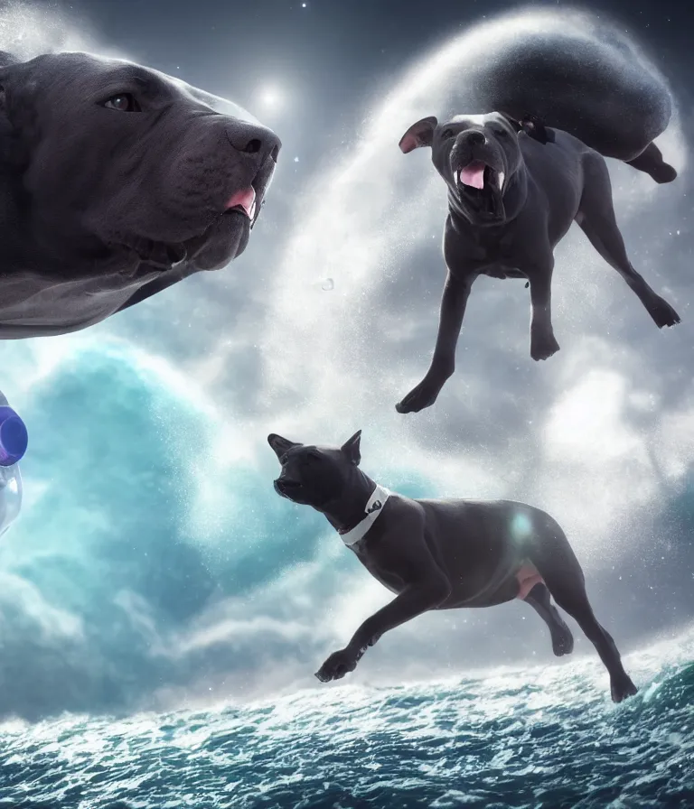 Image similar to photo of a dark gray coat pit bull with a white paws and a white nose!, surfing on a surfboard in a crashing wave of alien galaxy, trending on art station, ocean in space, background is an alien galaxy, aliens in the background, alien colors, octane render, unreal engine, wide view, 8 k, highly detailed