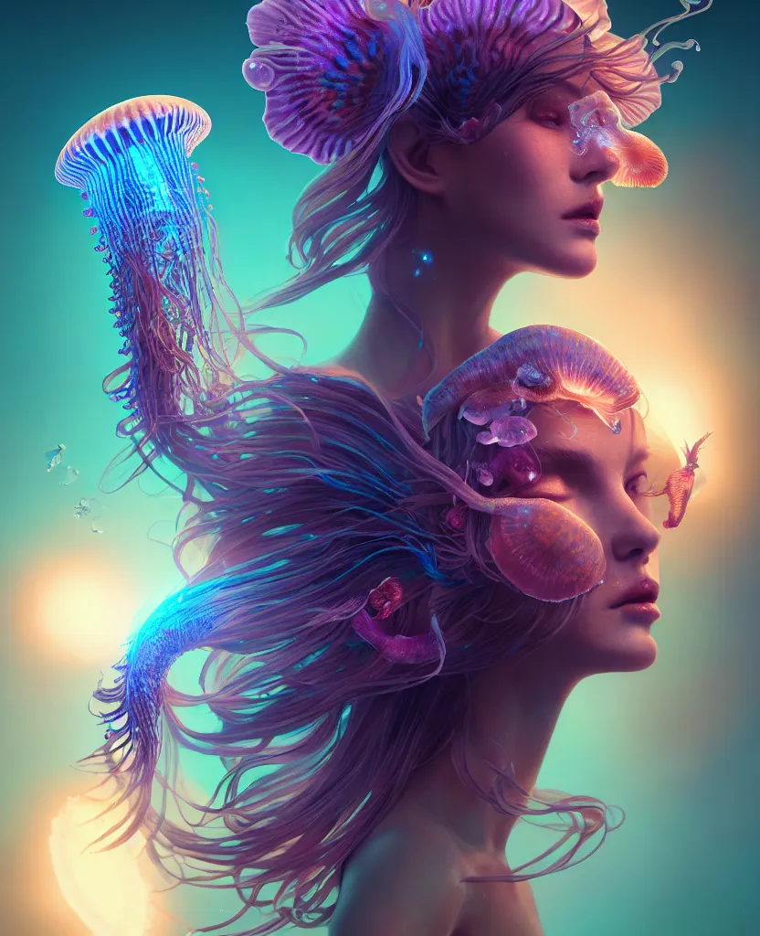 Image similar to goddess close-up portrait. jellyfish phoenix head, nautilus, orchid, skull, betta fish, bioluminiscent creatures, intricate artwork by Tooth Wu and wlop and beeple. octane render, trending on artstation, greg rutkowski very coherent symmetrical artwork. cinematic, hyper realism, high detail, octane render, 8k