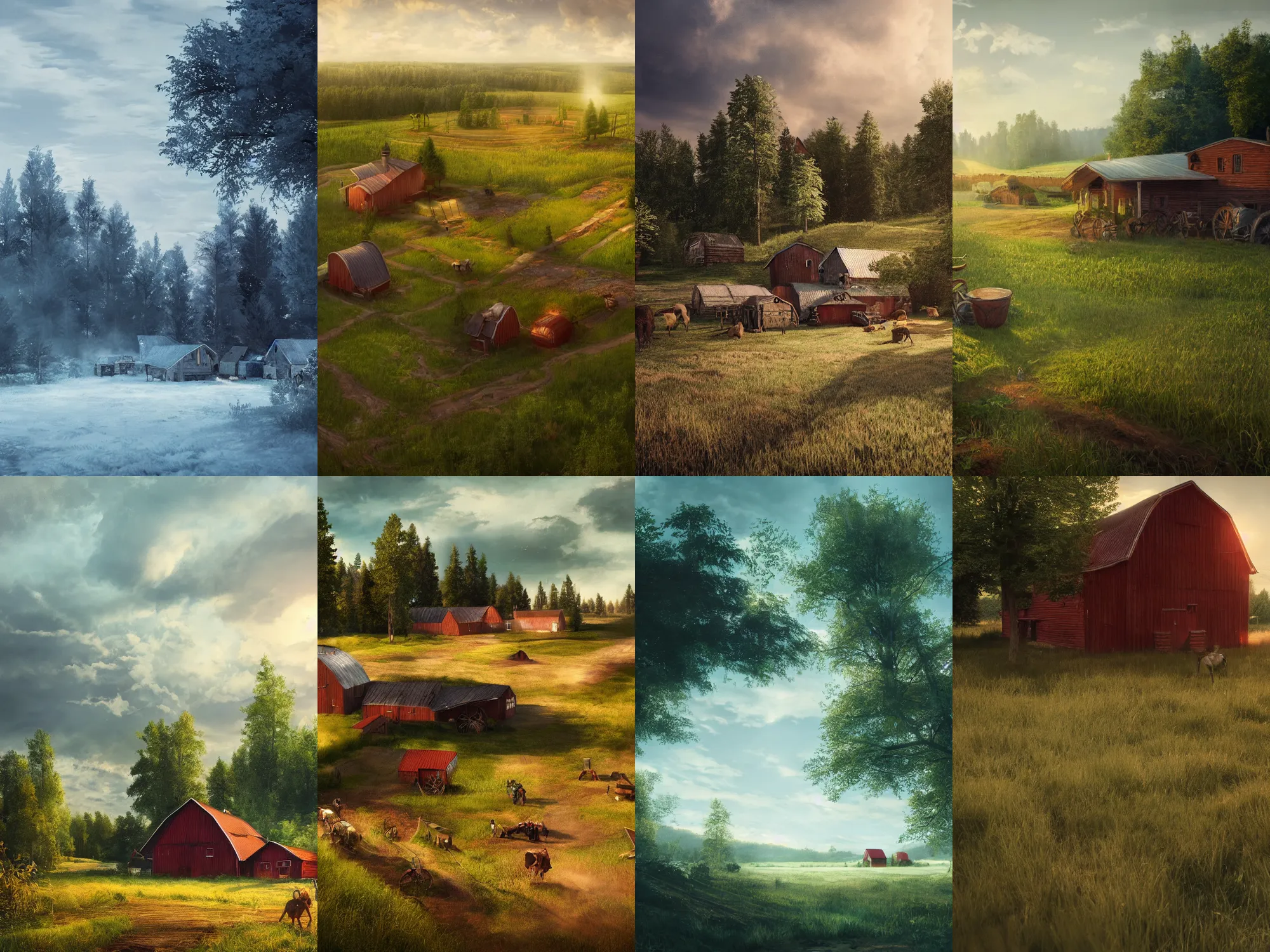 Prompt: finnish farm, summer, open wide, epic, cinematic, elegant, highly detailed, featured on artstation