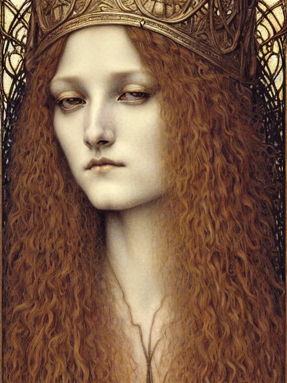 Image similar to detailed realistic beautiful young medieval queen face portrait by jean delville, gustave dore and marco mazzoni, art nouveau, symbolist, visionary, gothic, pre - raphaelite. horizontal symmetry