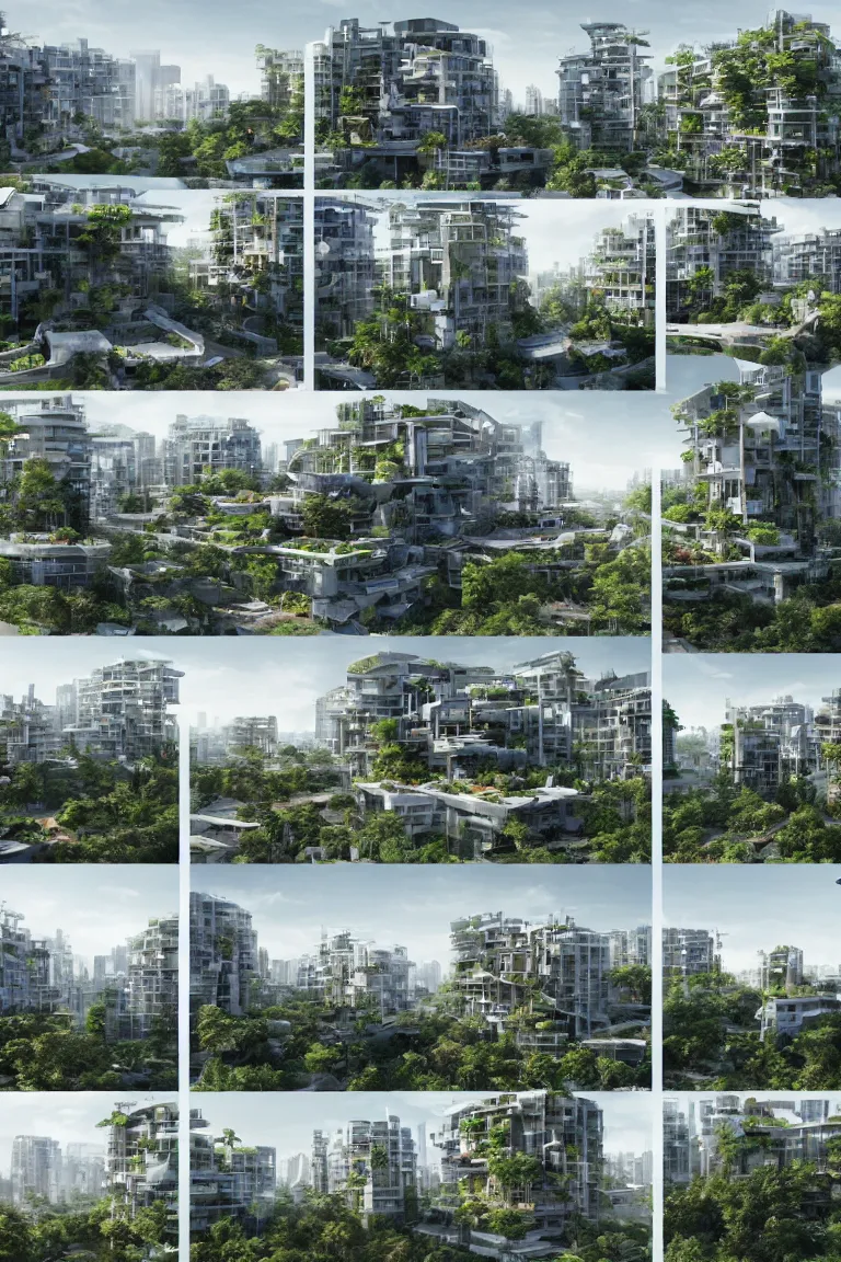 Image similar to 5 - panel comic page layout. crowd talking about sustainable futuristic building in a urban setting. ultrarealistic matte painting on white page. the building has many deep and tall balconies covered in plants and trees. thin random columns, large windows, deep overhangs. plants hang from balconies. greeble articulated details with plants. 8 k, uhd.