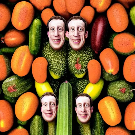 Image similar to marc zuckerberg portrait by giuseppe arcimboldo. the portrait consists of zucchinis of different sizes.