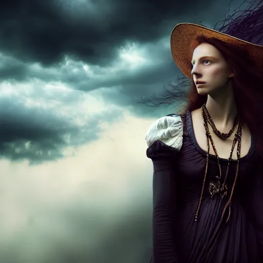 Image similar to photographic portrait of a stunningly beautiful female renaissance witch, dark moody clouds, god rays, contemporary fashion shoot, by edward robert hughes, annie leibovitz and steve mccurry, david lazar, jimmy nelsson, breathtaking, 8 k resolution, extremely detailed, establishing shot, artistic, hyperrealistic, perfect face, octane render