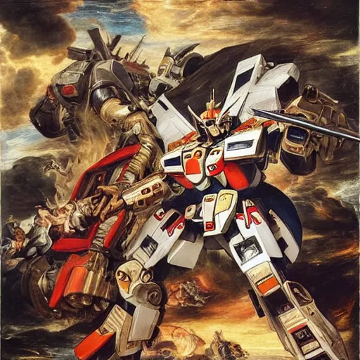 Image similar to peter paul rubens as consequences of wars with mecha gundam invited, random content position, delete duplicate content, photorealistic details content, human face content detailed, incrinate, masterpiece, ultra detailed human structures.