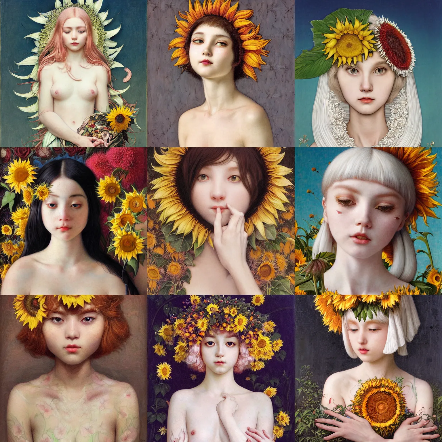 Image similar to white cat girl, botanical, sunflower, portrait face, colorful, frantisek kupka, intricate, miles johnston, kuroda seiki, cynical realism, ozabu, john william godward, painterly, yoshitaka amano, moebius, miles johnston, louise zhang, james jean, mark ryden lowbrow pop surrealism art style