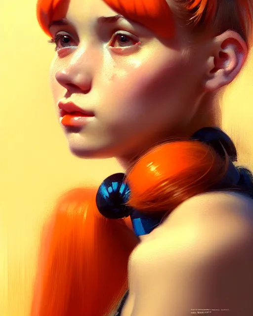 Image similar to young woman with orange pigtails, beautiful girl, close up portrait, bright, highkey, realistic, serov, surikov, vasnetsov, repin, kramskoi, uplight, insanely detailed, charlie bowater, tom bagshaw, octane rendered, unreal engine, illustration, trending on artstation, masterpiece