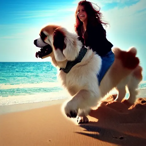 Image similar to girl riding a giant saint Bernard at the beach playing fetch, trending on artstation