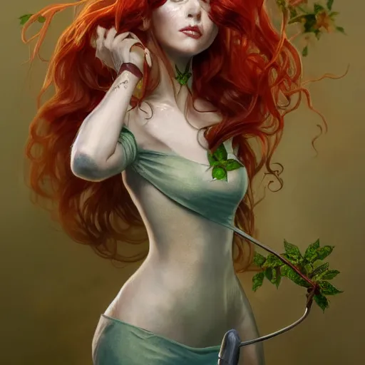 Prompt: a beautiful and detailed matte painting of poison ivy dressed as a hospital nurse, fantasy, d & d, dark eyeliner, intricate, elegant, highly detailed, digital painting, artstation, concept art, matte, sharp focus, illustration, art by greg rutkowski and alphonse mucha