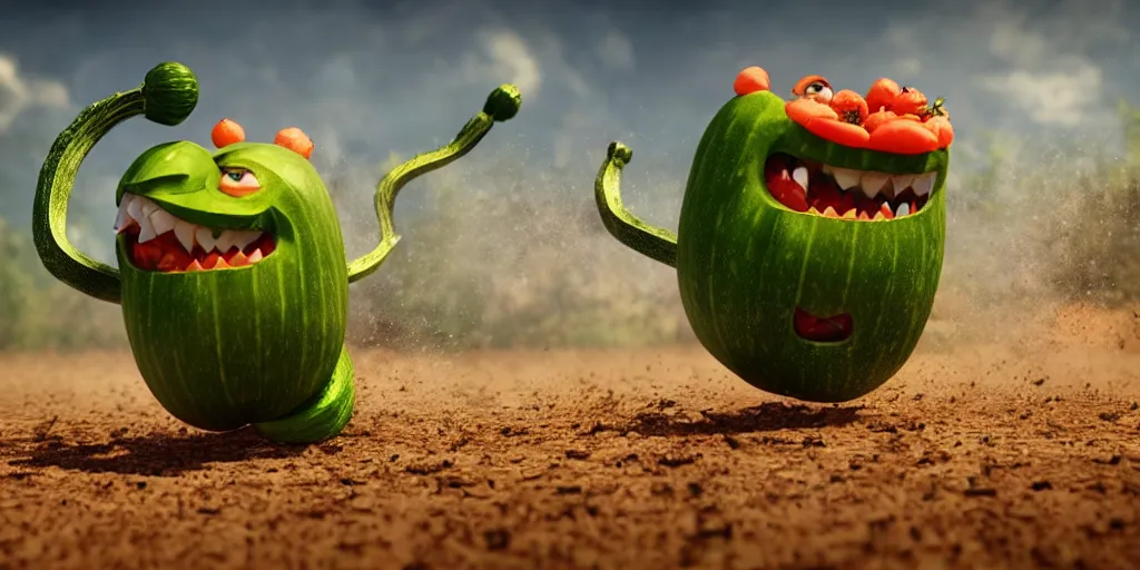 Image similar to detailed 3 d render of a raging zucchini character with a ninja sword running on dirt road, scared tomates scattered everywhere, high speed action, explosions, dramatic scene, hyper realistic octane render, cinematic lighting, splatter, deviantart, black sky, lowbrow, frame from pixar movie