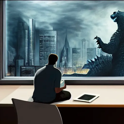 Prompt: godzilla sitting at a desk reading a book, window on the back wall has a city backdrop, oil on canvas, highly detailed, artstation