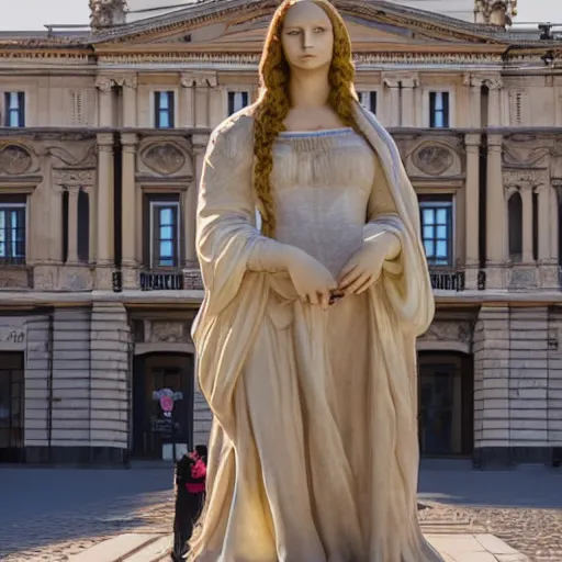 Prompt: A marble sculpture of The Mona Lisa in the middle of an empty Italian piazza, golden hour, 8k photograph, sunny day, low angle