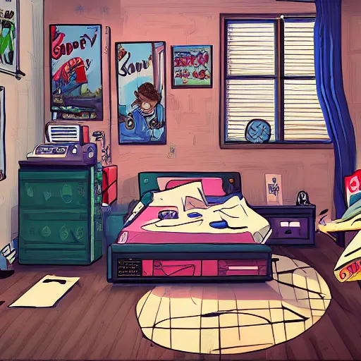 Image similar to a teenage boy's gloomy bedroom, 9 0 s, super detail, realistic, computer, trending on artstation