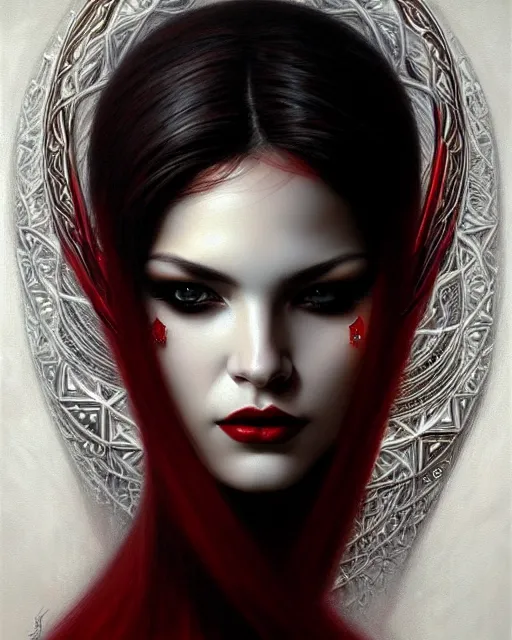 Image similar to portrait of a beautiful goddess, enigmatic beauty, dominant shades of black, silver, dark red, white, head in focus, fantasy art, ornamental aesthetics, intricate, elegant, highly detailed, hyperrealistic, artstation, concept art, soft illumination, painterly, sharp focus, by karol bak