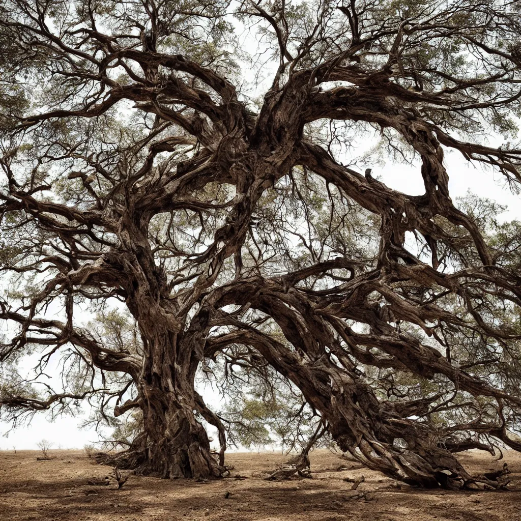 Image similar to a dry and dead huge tree in a forest and eroded stones, dust, wind, dirt, advertising photography