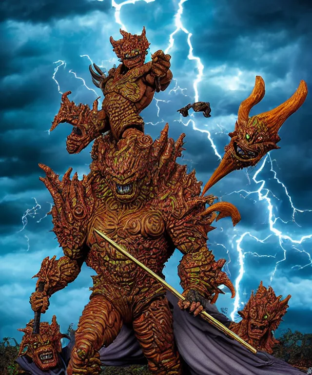 Image similar to hyperrealistic rendering, epic boss battle, ornate supreme demon overlord, by art of skinner and richard corben and jeff easley, product photography, action figure, sofubi, storm clouds, outside, lightning