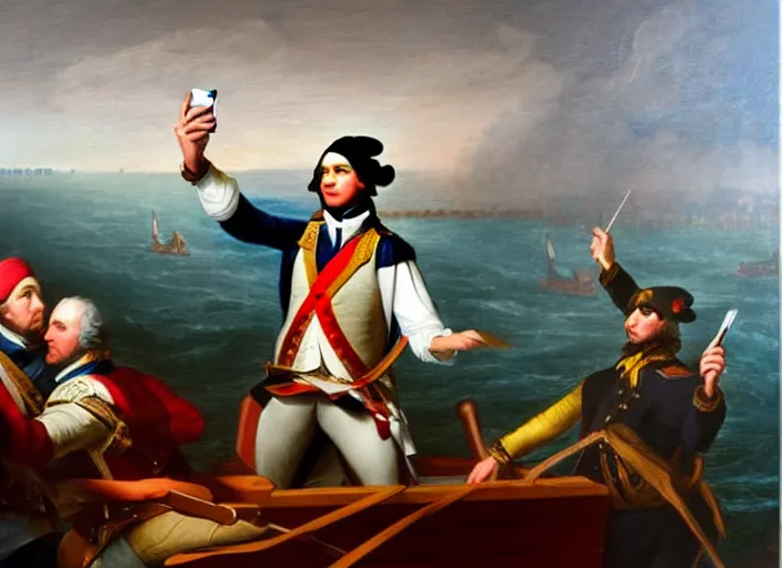 Prompt: oil painting of Washington Crossing the Delaware but Washington is taking a selfie with an iPhone