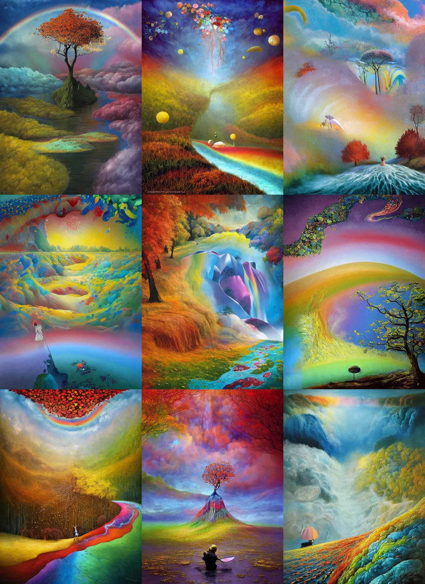 Prompt: a masterpiece! matte of the four!! seasons!! on an alien! landscape, 🌸 ☀ 🍂 ❄, a river divides!!!, rainbow, painted by gediminas pranckevicius, inspired by mimmo rotella, inspired by alberto seveso, quantum wavetracer, crepuscular rays, vray, cgsociety
