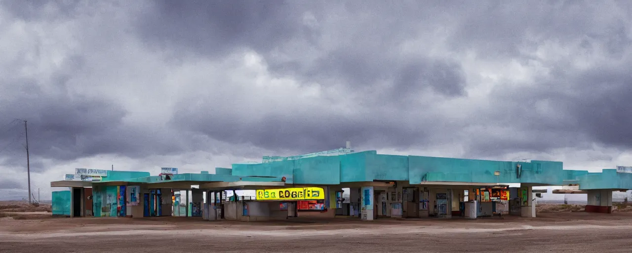 Prompt: a brutalist russian gas station with foreign neon signs next to a rural road in the desert of arizona, snow, stormy weather, ultra realism, digital art
