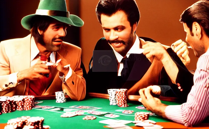 Image similar to color photo of a photomodel handsome man playing poker. las vegas. 8 0's style