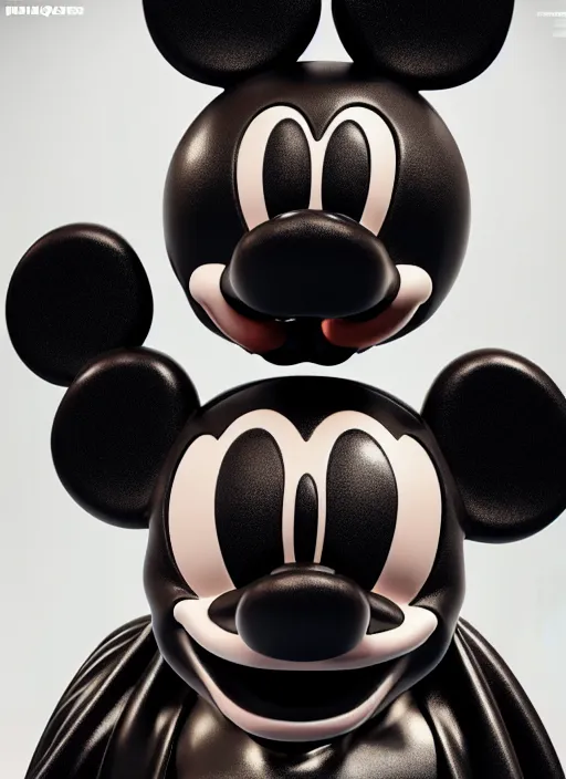 Image similar to stylized shiny latex rubber leather ornate statue full body made of marble of disney character mickey mouse, perfect symmetrical body, perfect symmetrical face, hyper realistic, hyper detailed, by johannen voss, by michelangelo, octane render, blender, 8 k, displayed in pure white studio room