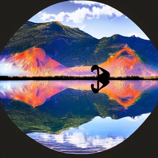 Image similar to photo of two black swans touching heads in a beautiful reflective mountain lake, a colorful hot air balloon is flying above reflecting off water, hot air balloon, intricate, 8k highly professionally detailed, centered, HDR, CGsociety