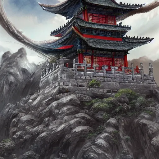 Image similar to dynamic composition, motion, ultra-detailed, incredibly detailed, a lot of details, amazing fine details and brush strokes, colorful and grayish palette, smooth, HD semirealistic anime CG concept art digital painting, watercolor oil painting of epic castle gate, from Three Kingdoms, by a Chinese artist at ArtStation, by Huang Guangjian, Fenghua Zhong, Ruan Jia, Xin Jin and Wei Chang. Realistic artwork of a Chinese videogame, gradients, gentle an harmonic grayish colors.