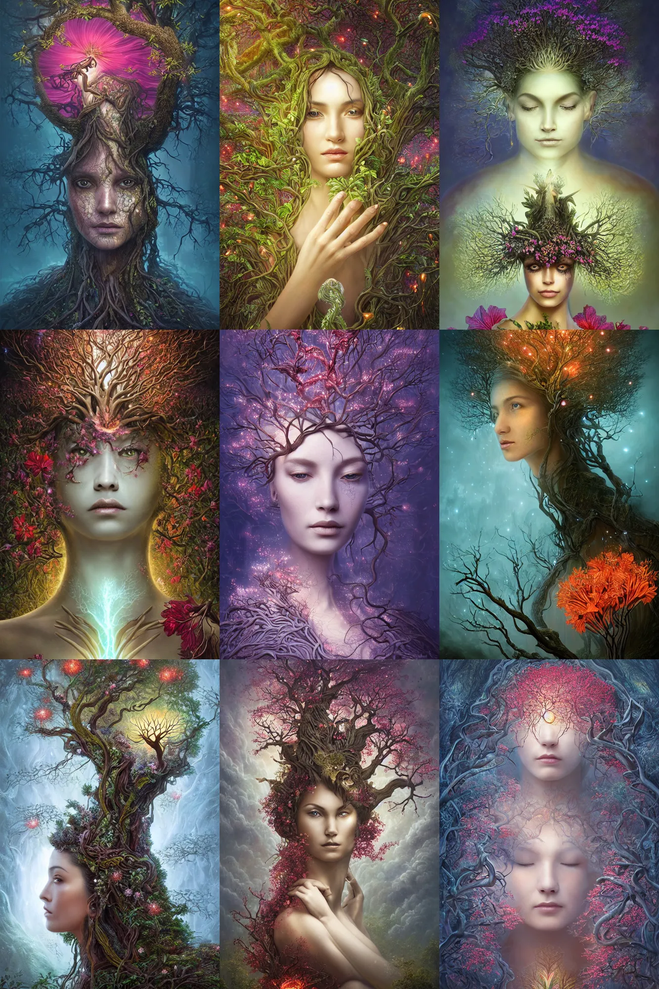 Prompt: a stunning ultra detailed fantasy fine art portrait of a tree goddess connected to sinuous barren trees, lit by glowing fireflies, surrounded by blooming hibiscus and jasmine, misty night, very detailed, sharp focus, 8 5 mm lens, soft ethereal lighting, artstation, 8 k, by tomasz alen kopera, igor morski and jim warren