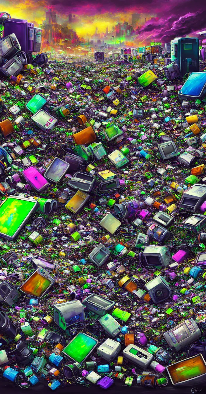 Prompt: realistic photo of problems of colorful electronic waste pollution in future, very sharp focus, very hyper realistic, in the style of greg rutsowski, highly detailed, fantasy art station