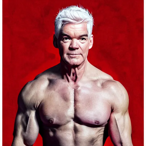 Prompt: Phillip schofield with the physique of a body builder, realistic, highly detailed, 4k, eye contact, digital painting,