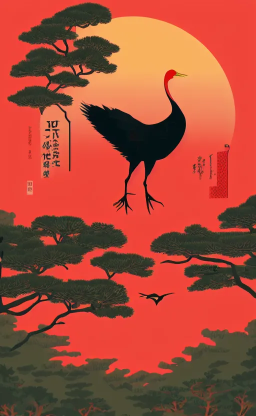 Image similar to hanafuda, a huge japanese crane bird is chilling above a lake in the middle of a forest of japanese pines, a big red sun in the background, front game card, vector line art, trending on behance, concept art, stunning, matte