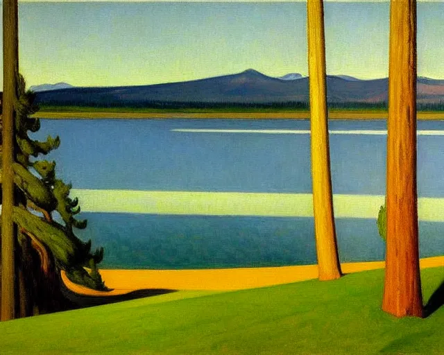 Prompt: a stunning painting of lake almanor by edward hopper, award winning art