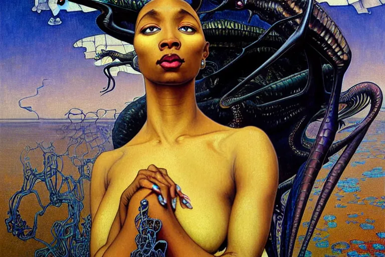 Image similar to realistic extremely detailed closeup portrait painting of a beautiful black woman wearing futuristic dress, mutant dragon and a single old house on background by Jean Delville, Amano, Yves Tanguy, Alphonse Mucha, Ernst Haeckel, Edward Robert Hughes, Roger Dean, rich moody colours