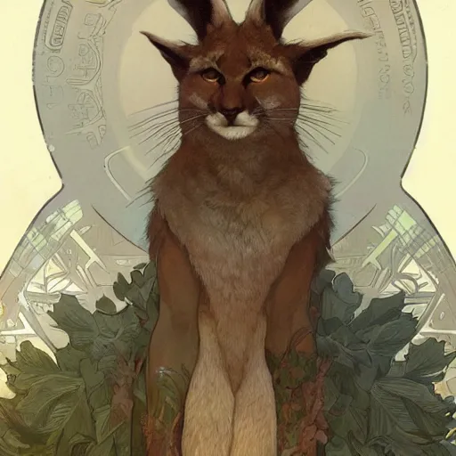 Prompt: concept art, a cute fluffy caracal dressed in toga, 8 k, alphonse mucha, james gurney, greg rutkowski, john howe, artstation