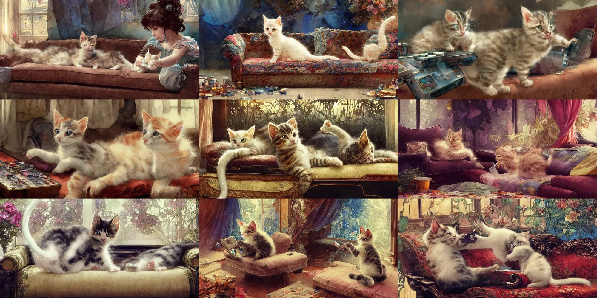 Prompt: a beautifull intricate watercolour painting of a cute kitten playing video games on a couch, cinematic frame, reflexions, verry high details by william turner art, greg rutkowski and alphonse mucha, trending on artstation, very very detailed, masterpiece, vibrant colors