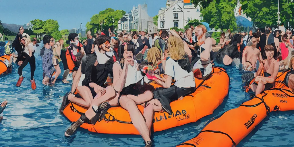 Prompt: abbey road crossing cover, life raft, festival, lake, having fun, people, friends, sunshine, ashley wood, graphic illustration, hyper real, realistic faces