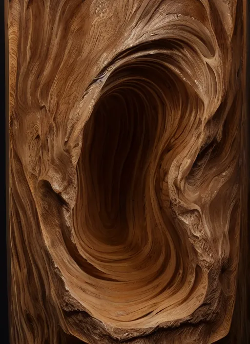 Image similar to sculpture of the endless transcendence of recursion, solid fluid fractals of celestial ivory, museum piece, museum display, back - lit, wooden cabinet