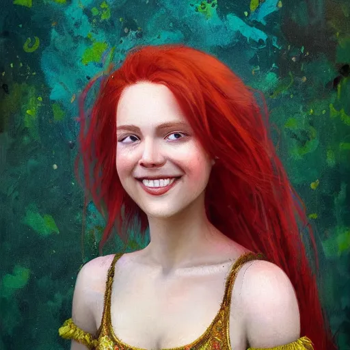 Image similar to Highly detailed painting of a beautiful young woman with long red hair, smiling by Craig Mullins and Ross Tran, Green dress, Golden Background, Fabric texture, Golden thread, intricate patterns, Trending on artstation, pinterest, cgsociety, 4k, 8k, HDR, award winning, unreal engine