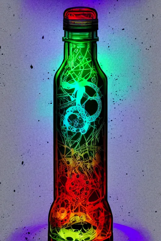 Prompt: photo of a rainbow colored filigran steampunk bottle, band merchandise, bandname is tripmachine, realistic digital art, label on the bottle is printed with a 3 d render of a huge futuristic steampunk generator, 8 k, fluorescent colors, halluzinogenic, multicolored, exaggerated detailed, unreal engine