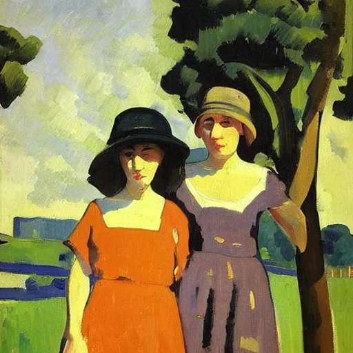 Prompt: a portrait of two beautiful sisters in a scenic environment by albert marquet