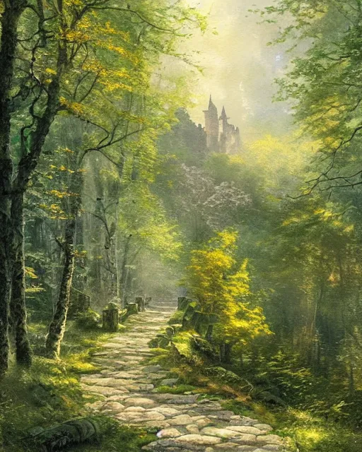Prompt: a highly detailed watercolor painting by greg rutkowski and thomas kinkade of a stone path through a forest of green and yellow trees leading to a huge stone castle, highly detailed, watercolor, green, yellow, and grey color scheme