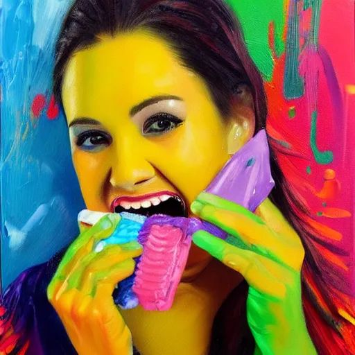 Prompt: An adorable happy woman chews on a candy as a colorful liquid flows from her mouth. Detailed oil painting.