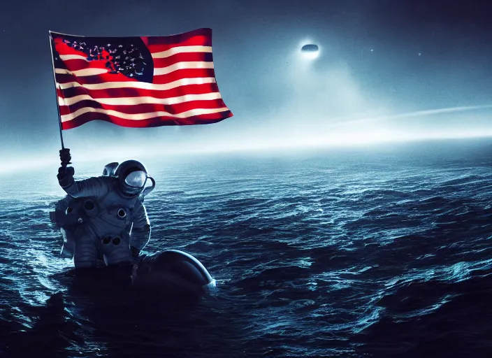 Image similar to astronaut holding a flag in an underwater desert. a submarine is visible in the distance. dark, concept art, cinematic, dramatic, atmospheric, 8 k, trending on artstation, blue, fish, low visibility, fog, ocean floor, christopher nolan, interstellar